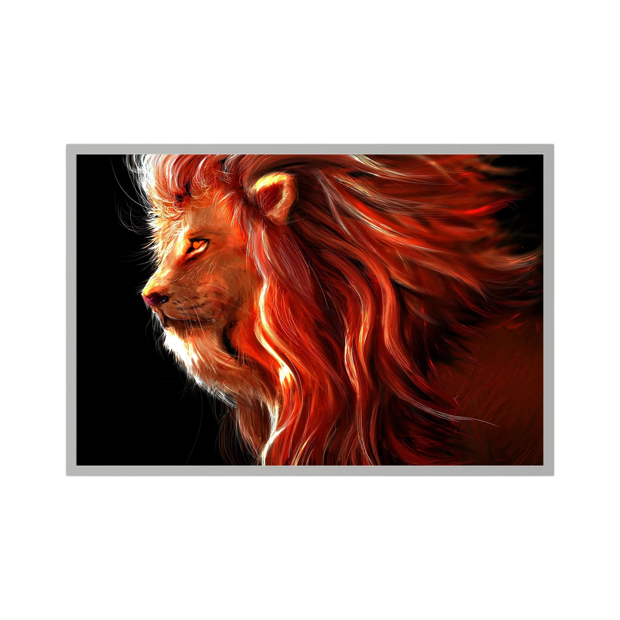 Fiery red and orange lion profile with a flowing illuminated mane on black.
