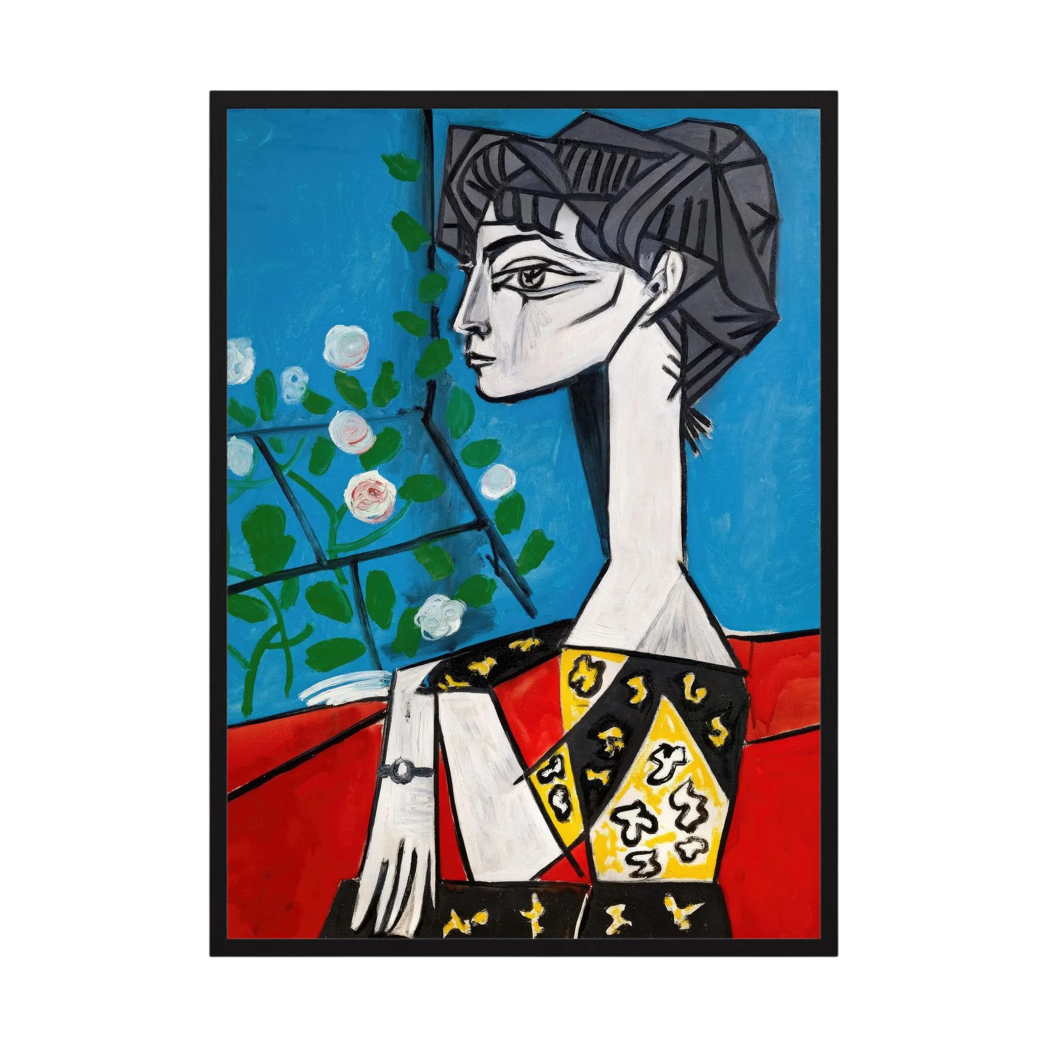 Colourful geometric female portrait built from red, orange, teal, black and cream shapes, shown in product view 4.