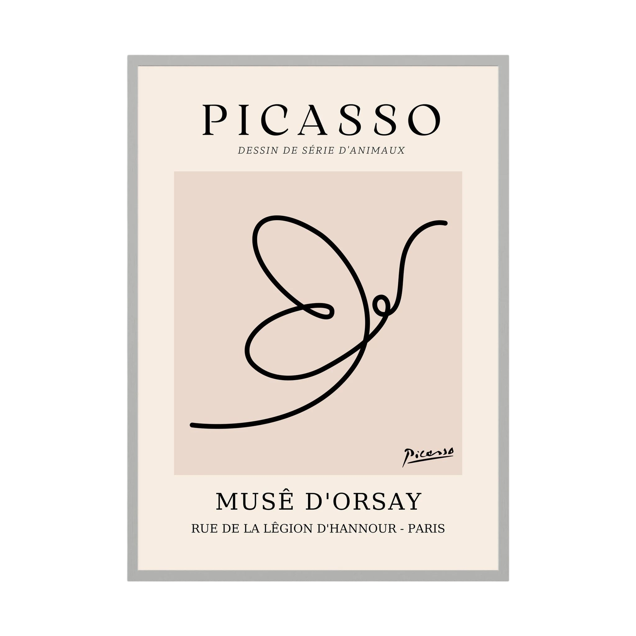 Single continuous black line forms a butterfly within a warm beige museum-style poster layout, shown in product view 5.