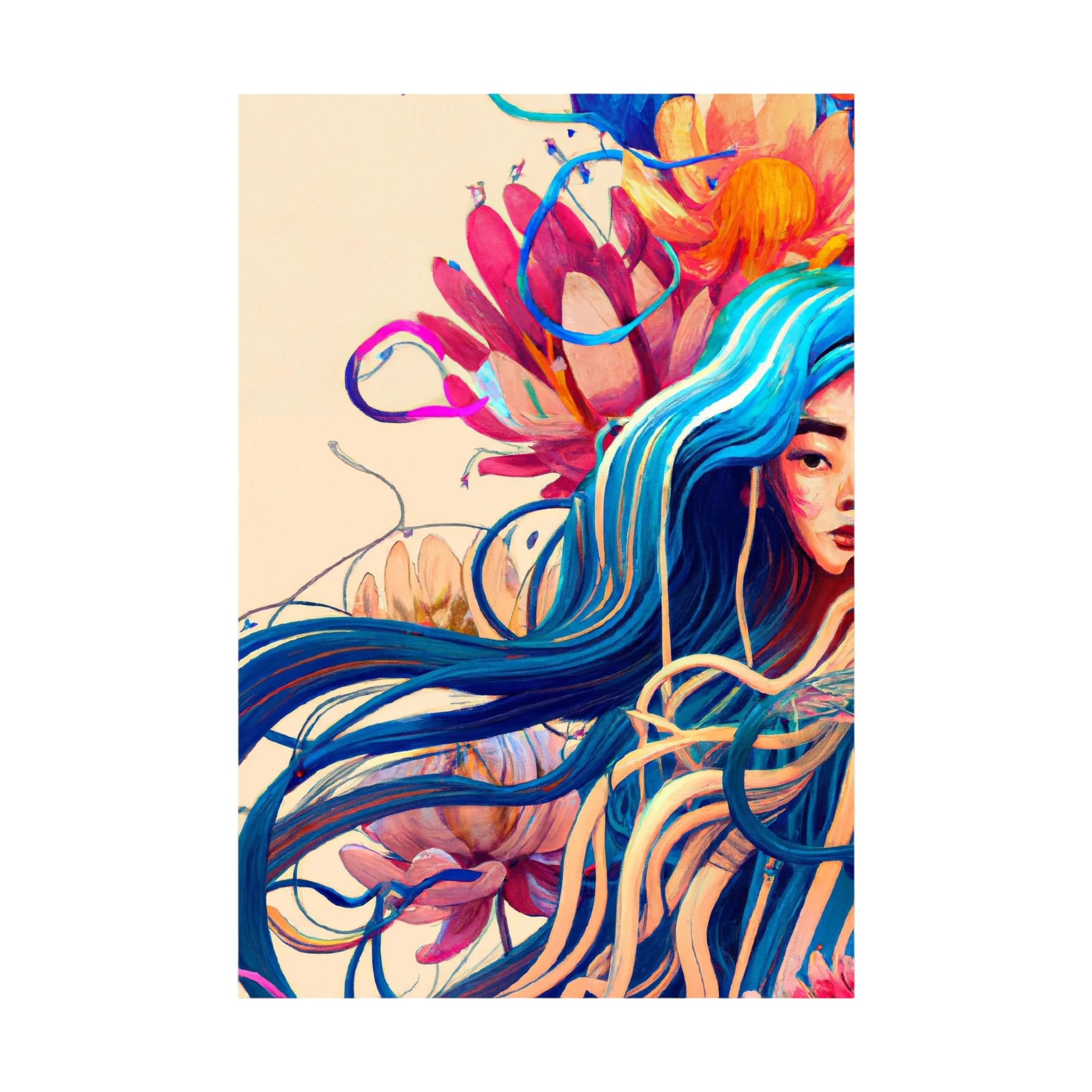 Illustrated woman with long flowing blue hair surrounded by coral and pink botanical forms, shown in product view 2.