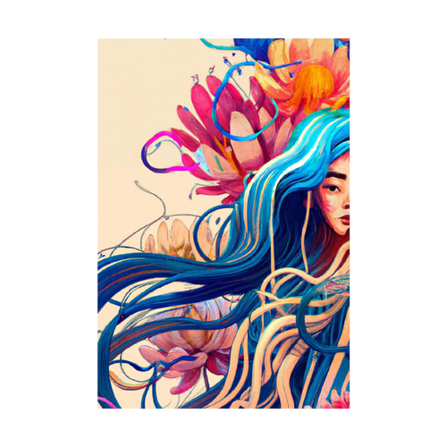 Illustrated woman with long flowing blue hair surrounded by coral and pink botanical forms, shown in product view 2.