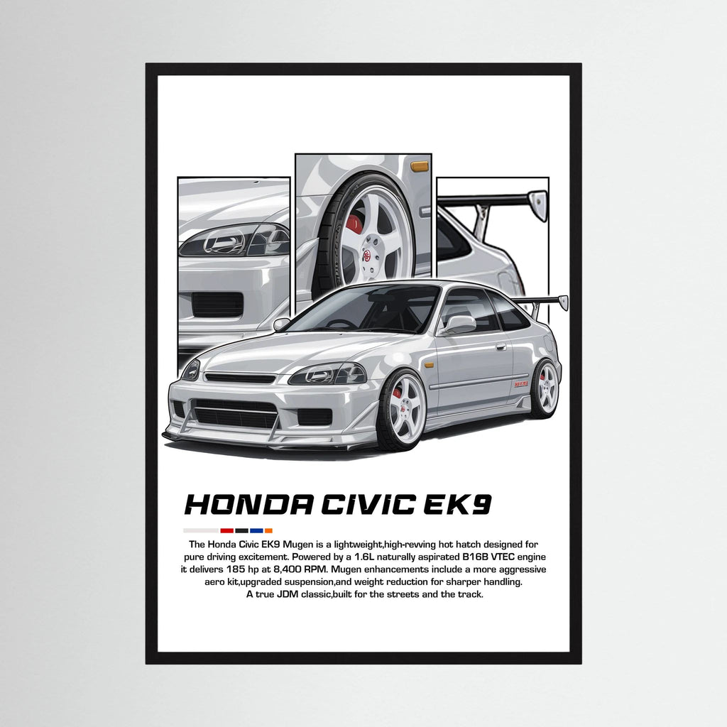 Silver Honda Civic EK9 illustration with white wheels, rear wing and close-up panels.
