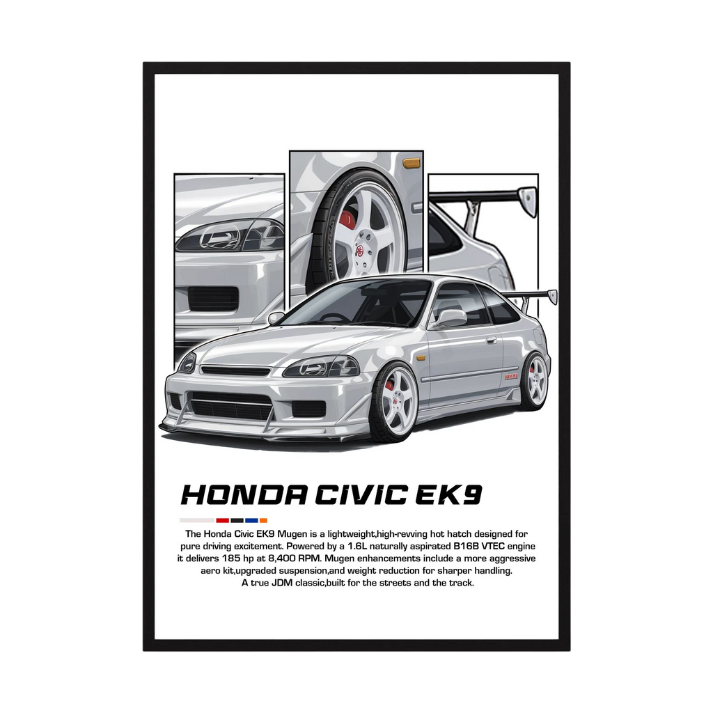 Silver Honda Civic EK9 illustration with white wheels, rear wing and close-up panels.