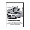 Silver Honda Civic EK9 illustration with white wheels, rear wing and close-up panels.