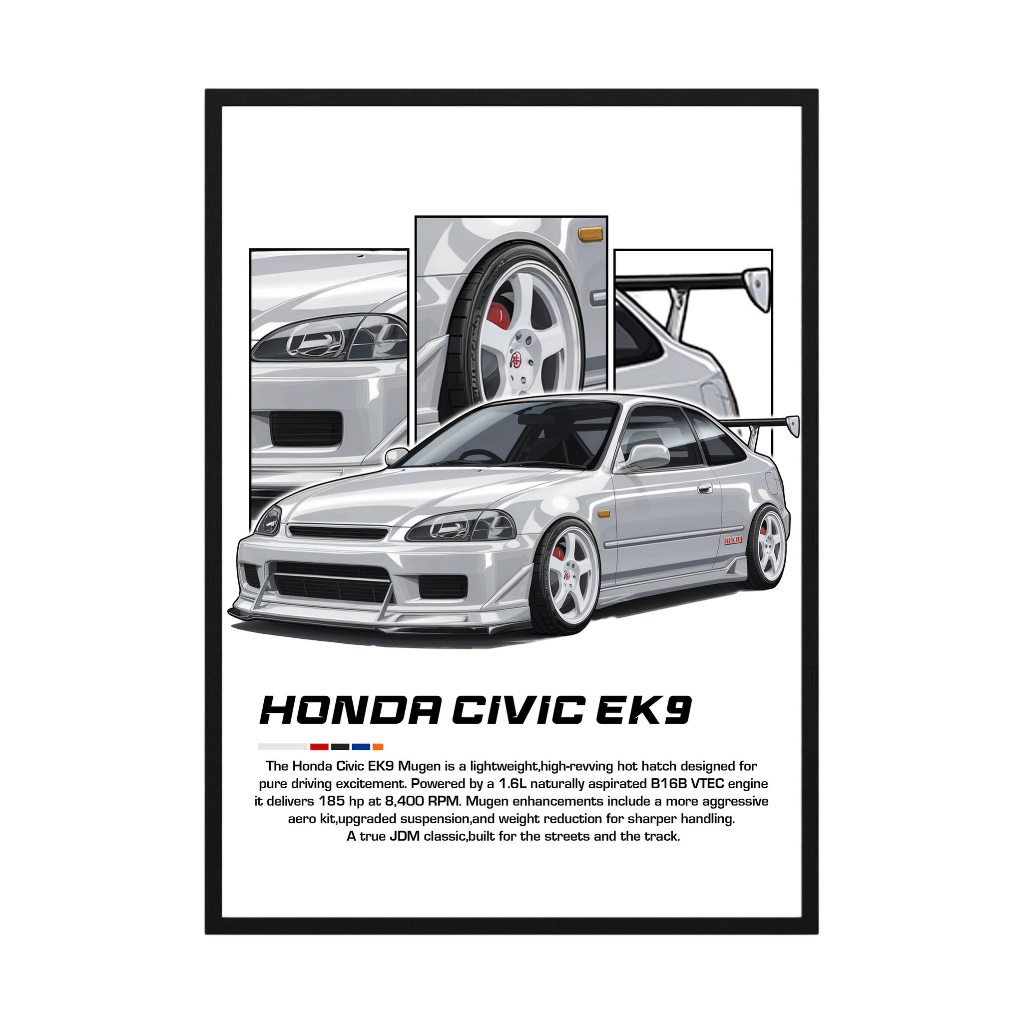 Silver Honda Civic EK9 illustration with white wheels, rear wing and close-up panels.