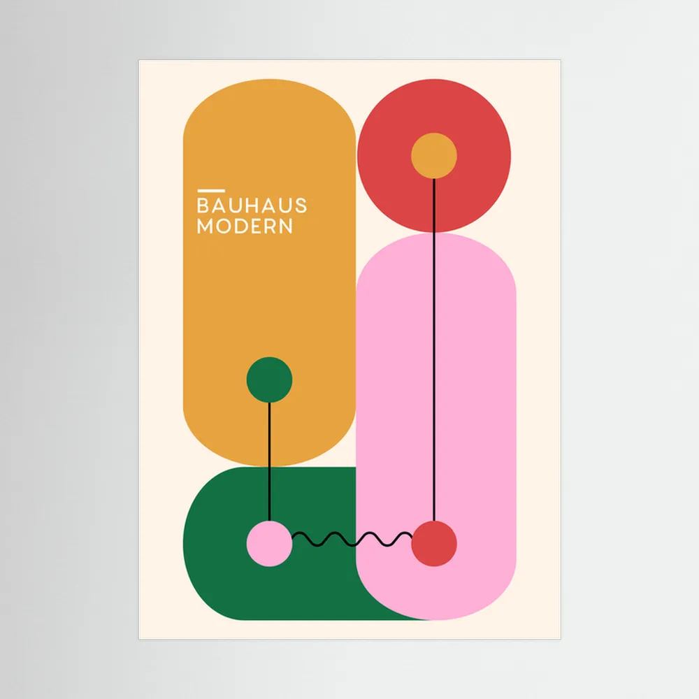 Colourful Bauhaus design with mustard, green and pink rounded geometric shapes.