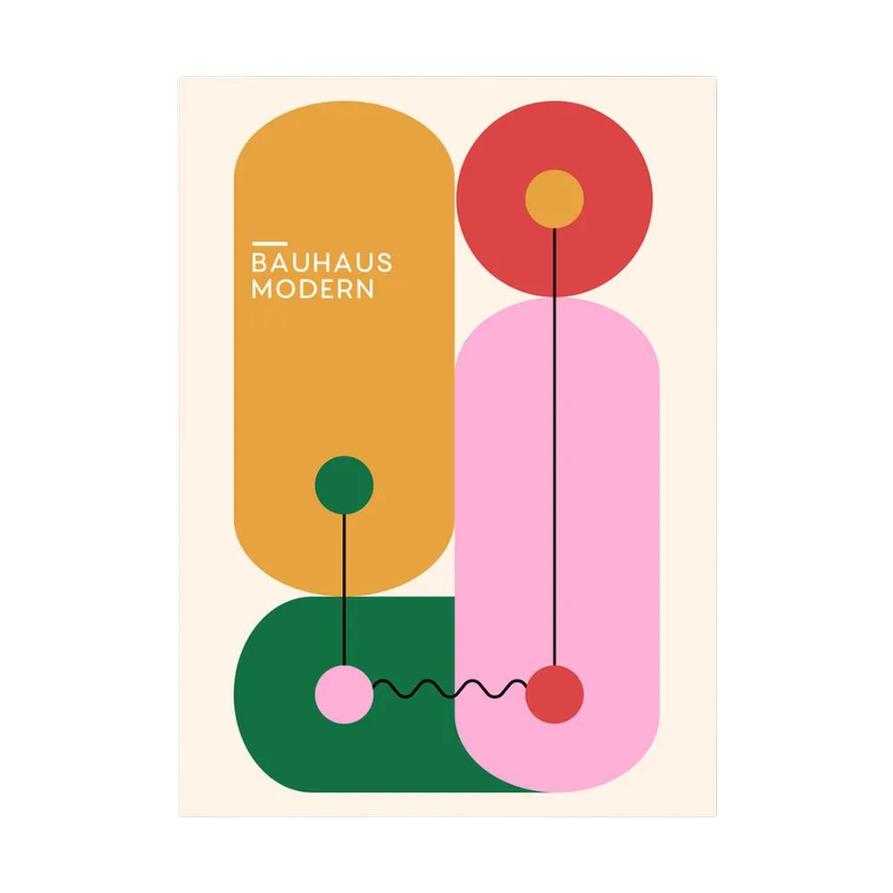 Colourful Bauhaus design with mustard, green and pink rounded geometric shapes.