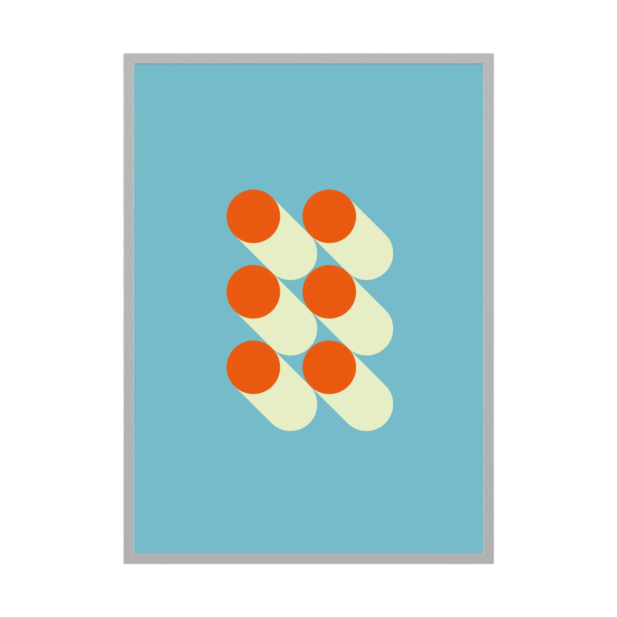 Orange circles and cream capsule shapes arranged on a pale blue background.