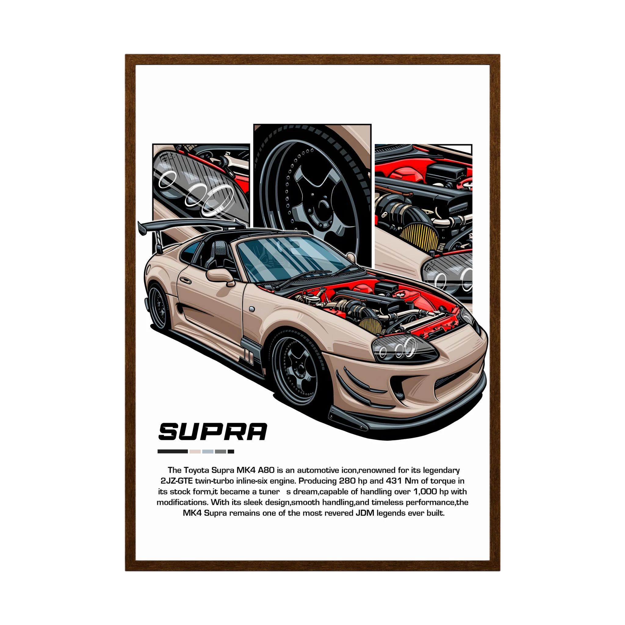 Beige Toyota Supra MK4 illustration with exposed engine and close-up component panels.