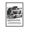 Silver Nissan Silvia S15 illustration with detailed wheel, front and rear body panels.