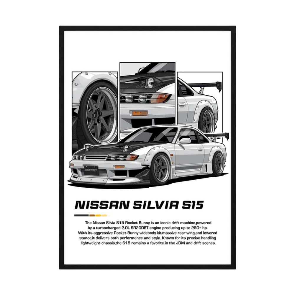 Silver Nissan Silvia S15 illustration with detailed wheel, front and rear body panels.