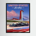 United States Grand Prix racing poster with Formula One car and Austin circuit tower.