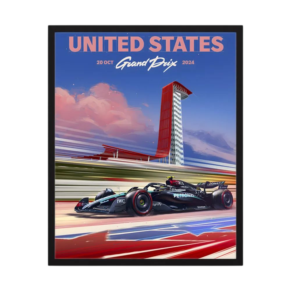 United States Grand Prix racing poster with Formula One car and Austin circuit tower.