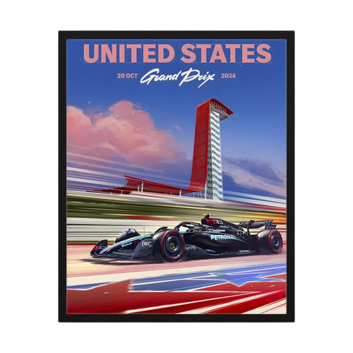 United States Grand Prix racing poster with Formula One car and Austin circuit tower.