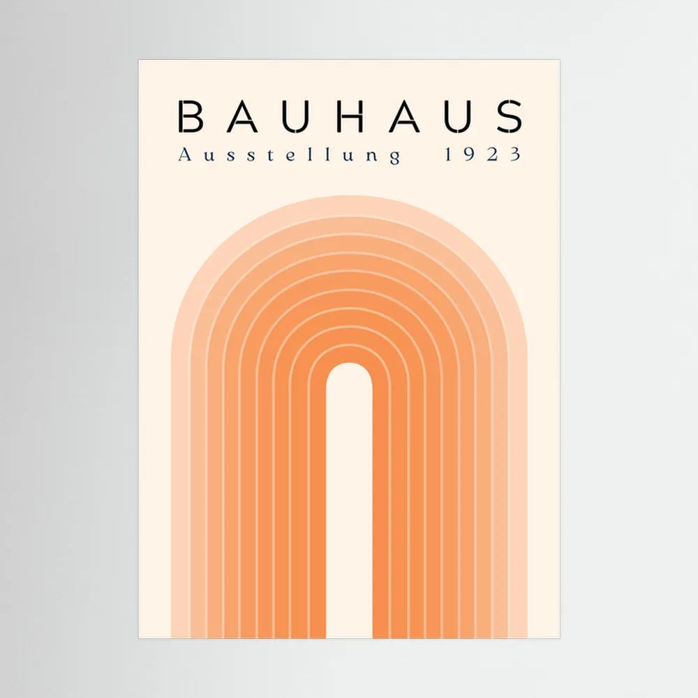 Peach and cream Bauhaus poster with layered concentric arch lines.
