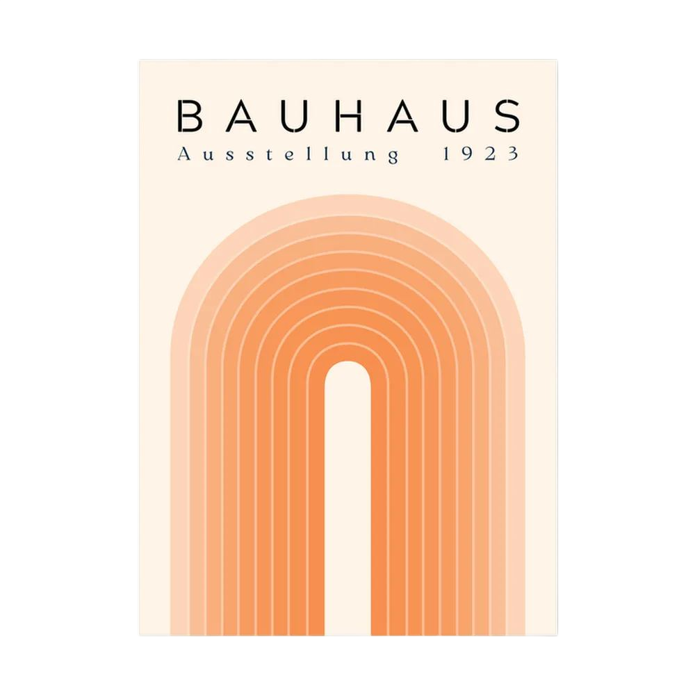 Peach and cream Bauhaus poster with layered concentric arch lines.