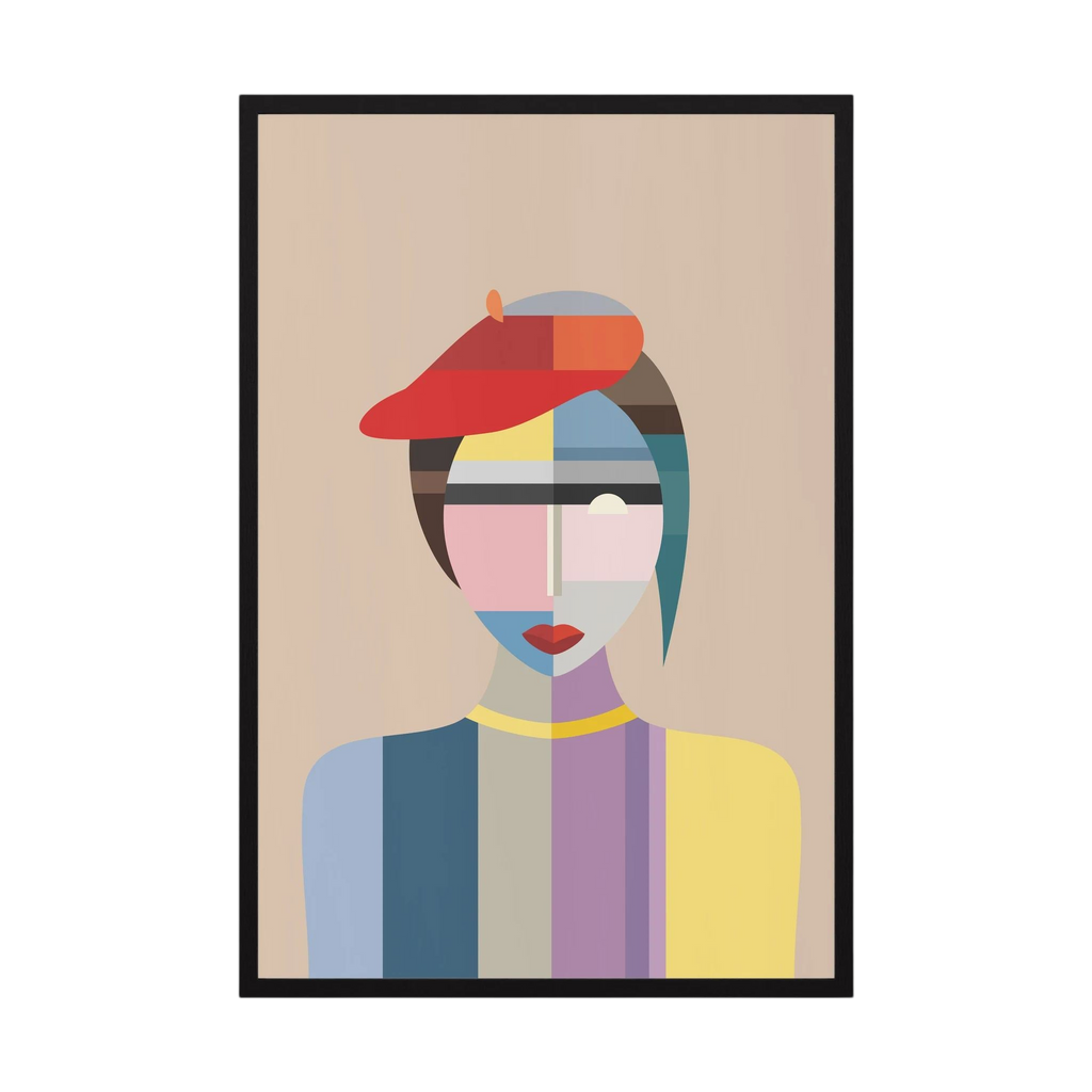 Faceted portrait of a woman in a red beret, composed from soft blue, lavender, beige and yellow blocks, shown in product view 4.