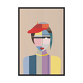 Faceted portrait of a woman in a red beret, composed from soft blue, lavender, beige and yellow blocks, shown in product view 4.