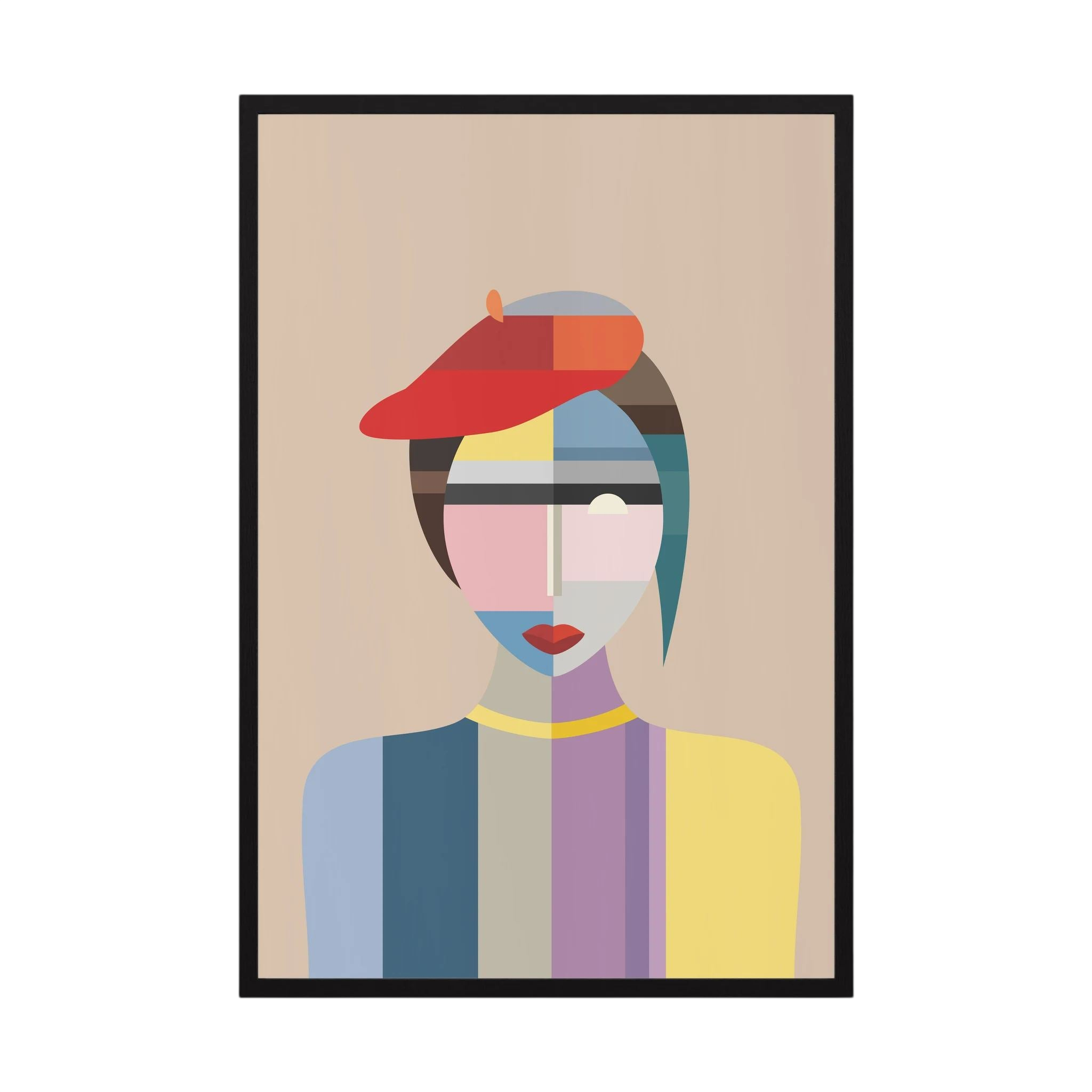 Faceted portrait of a woman in a red beret, composed from soft blue, lavender, beige and yellow blocks, shown in product view 4.