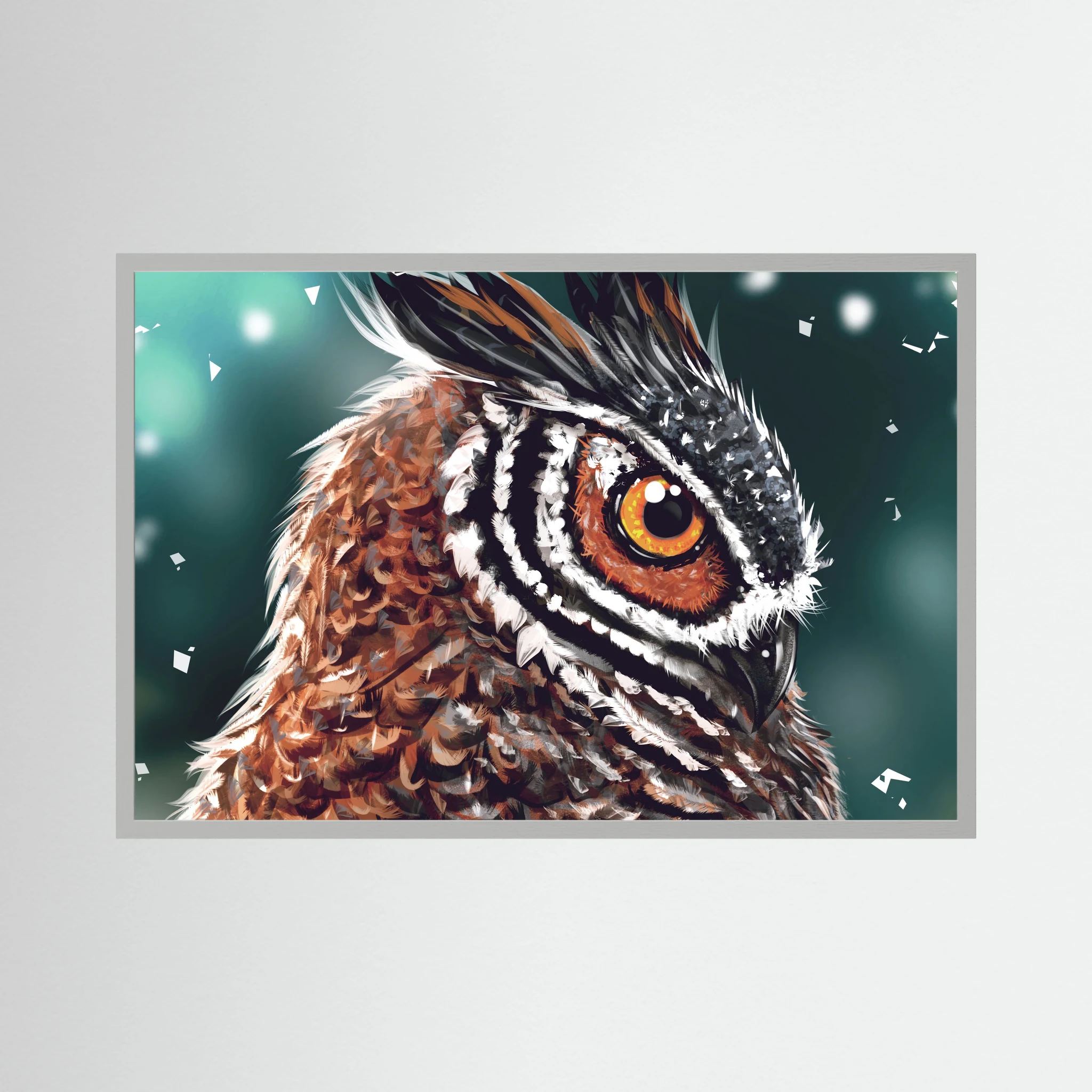 Close-up owl portrait with a bright amber eye and layered brown feathers.