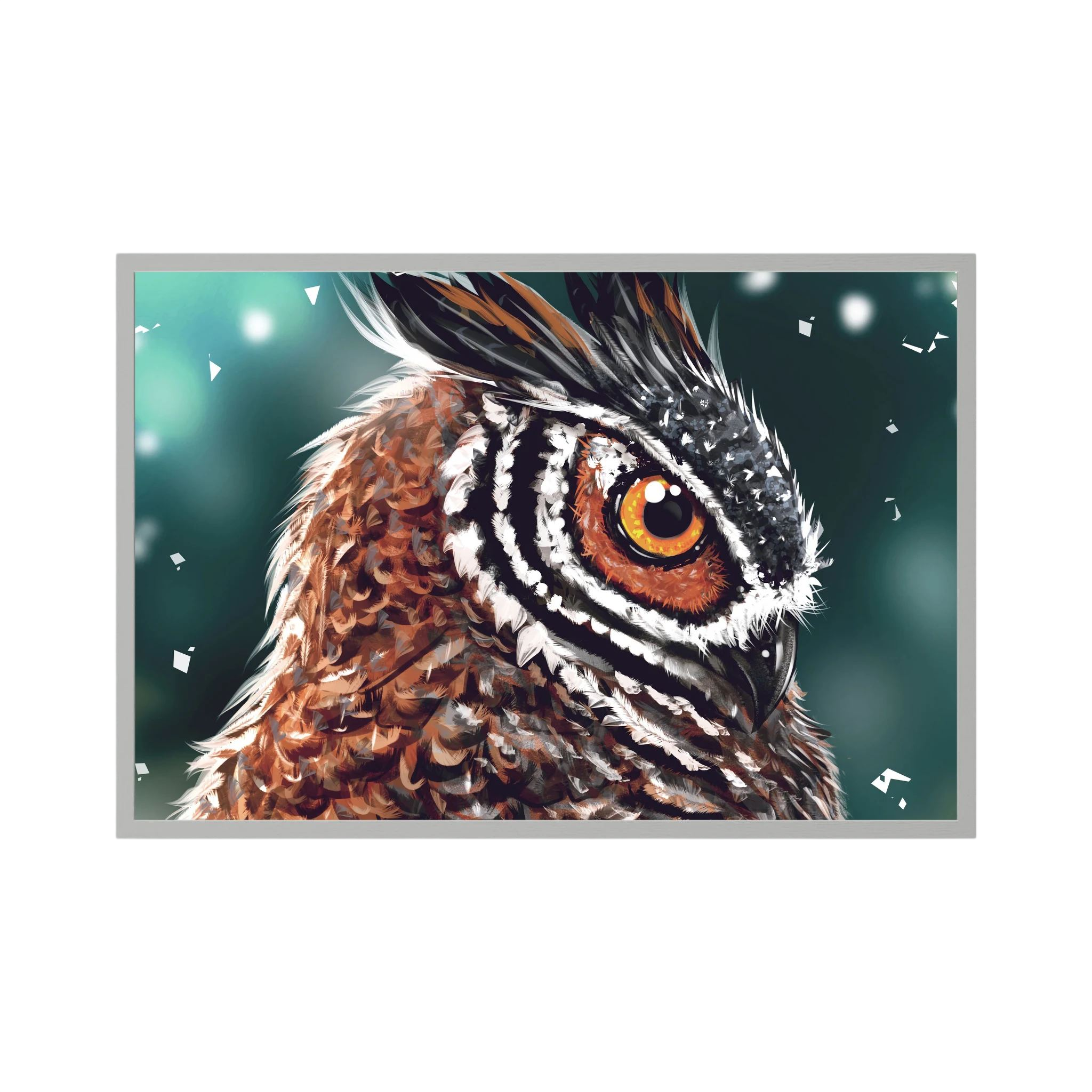 Close-up owl portrait with a bright amber eye and layered brown feathers.
