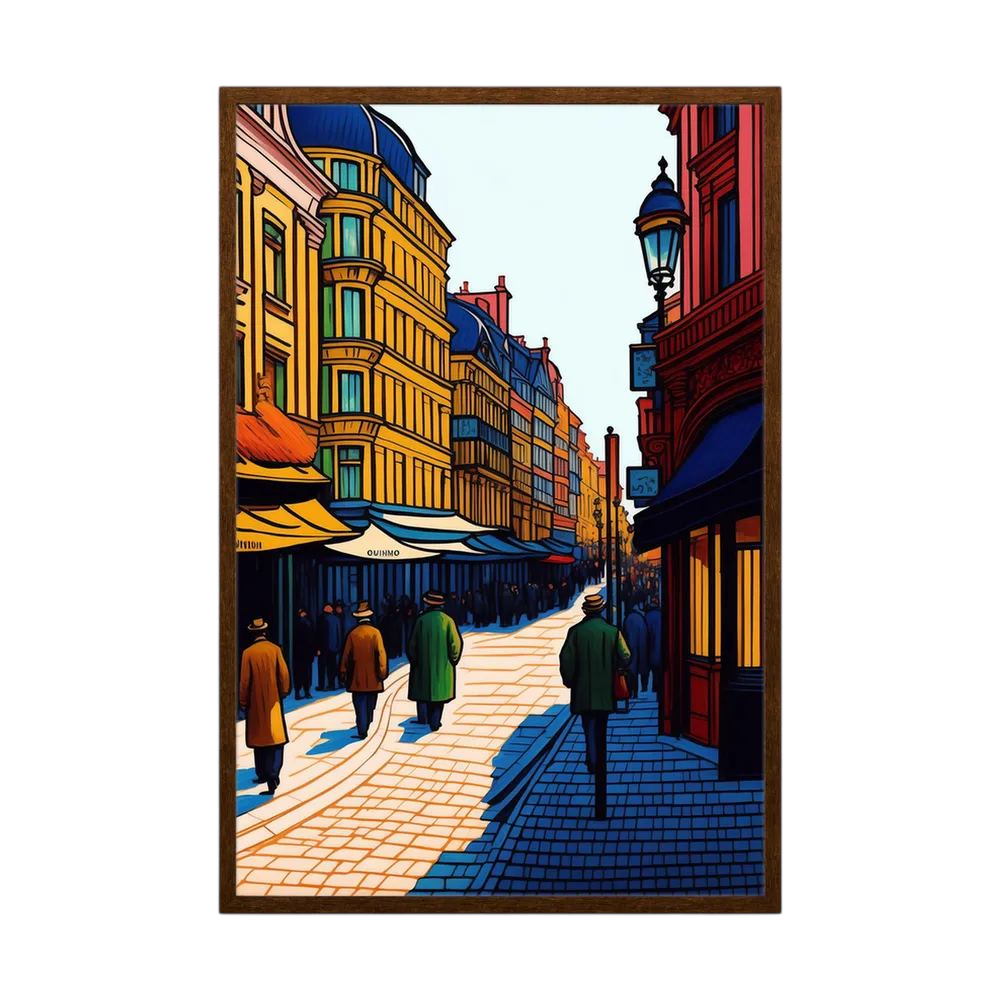 Colourful illustrated European street with warm buildings, blue shadows and pedestrians.