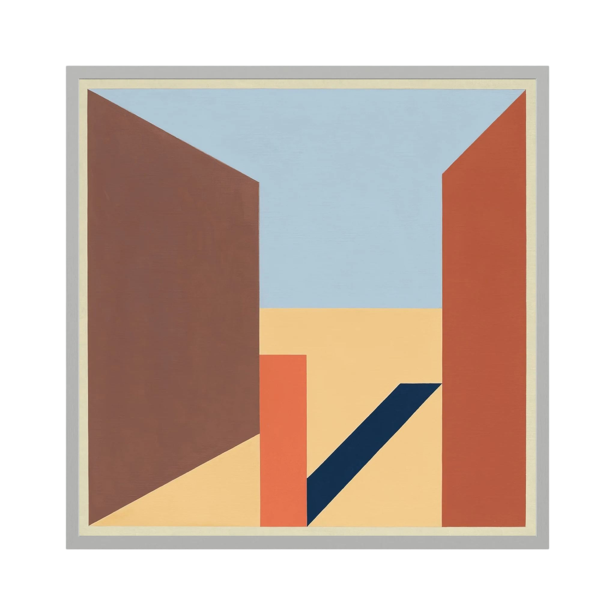 Terracotta and brown architectural planes opening towards a pale blue sky in a geometric composition.