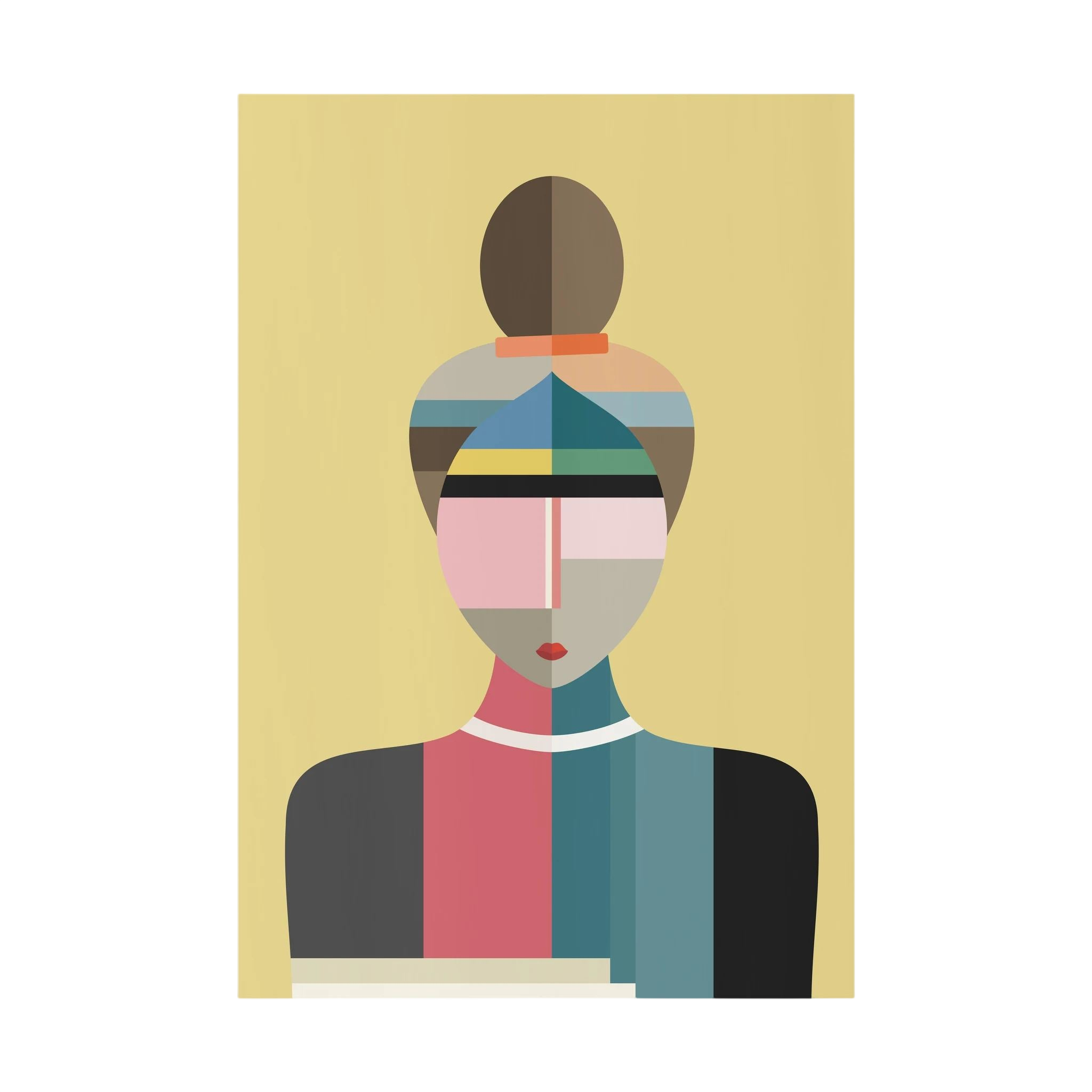 Faceted portrait of a woman with a high bun in muted teal, pink, yellow and charcoal.