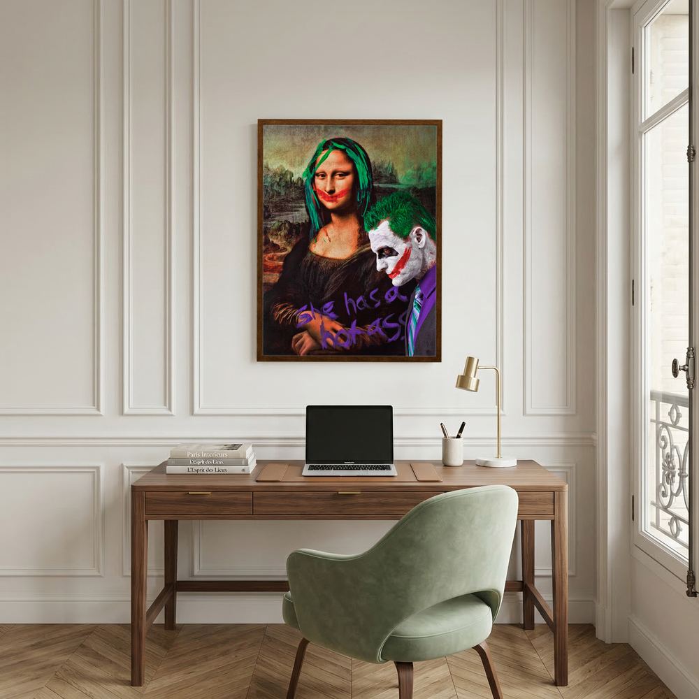 Alternative size view of classical pop art portrait with green hair and painted red smiles, shown in a black wooden frame.