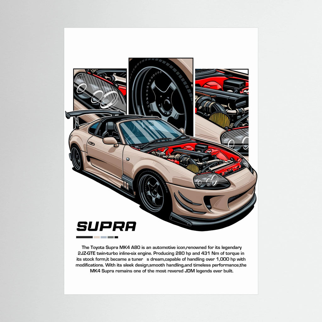 Beige Toyota Supra MK4 illustration with exposed engine and close-up component panels.