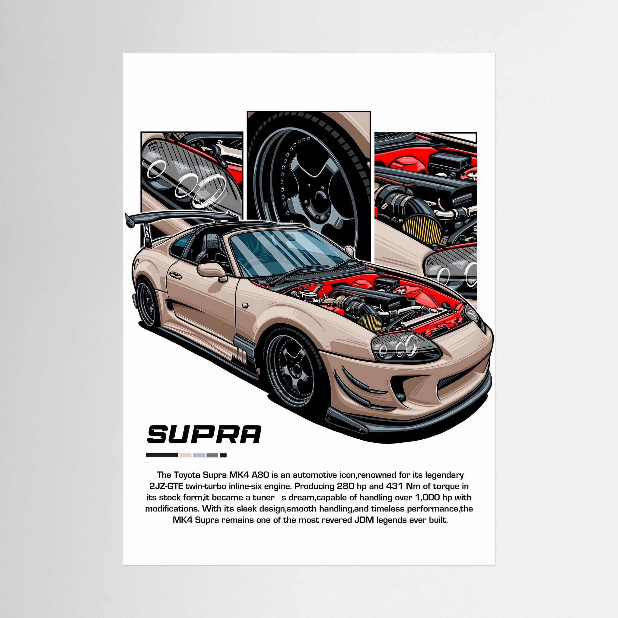 Beige Toyota Supra MK4 illustration with exposed engine and close-up component panels.