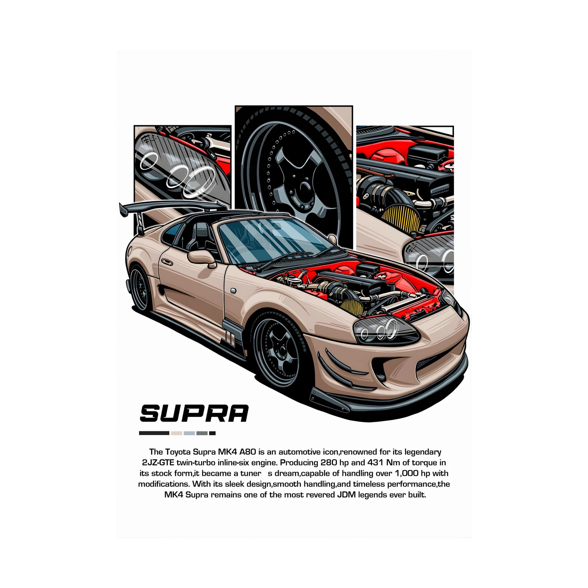 Beige Toyota Supra MK4 illustration with exposed engine and close-up component panels.