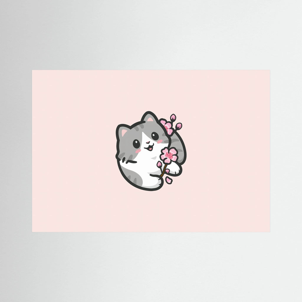 Small grey kitten holding pink blossom on a pale pink background.