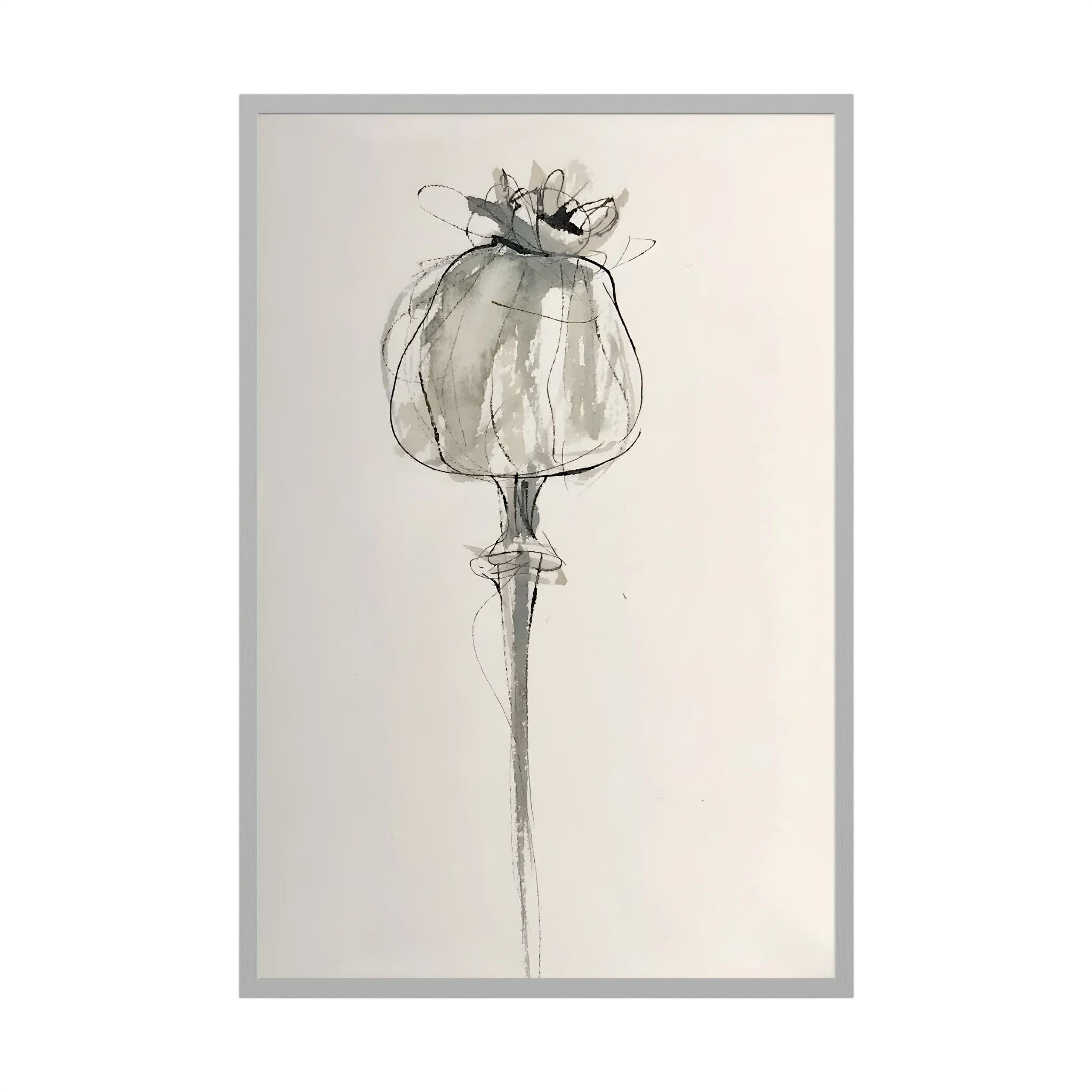 Delicate grey and black ink drawing of a poppy seed head on a warm cream background, shown in product view 4.