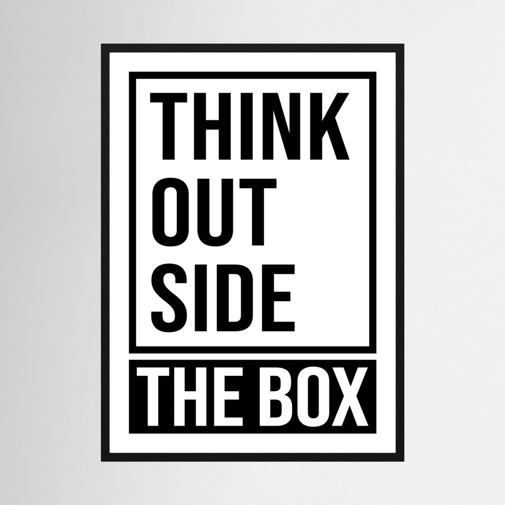 Bold black typography stacks the words think outside the box within and beyond a rectangular frame, shown in product view 4.