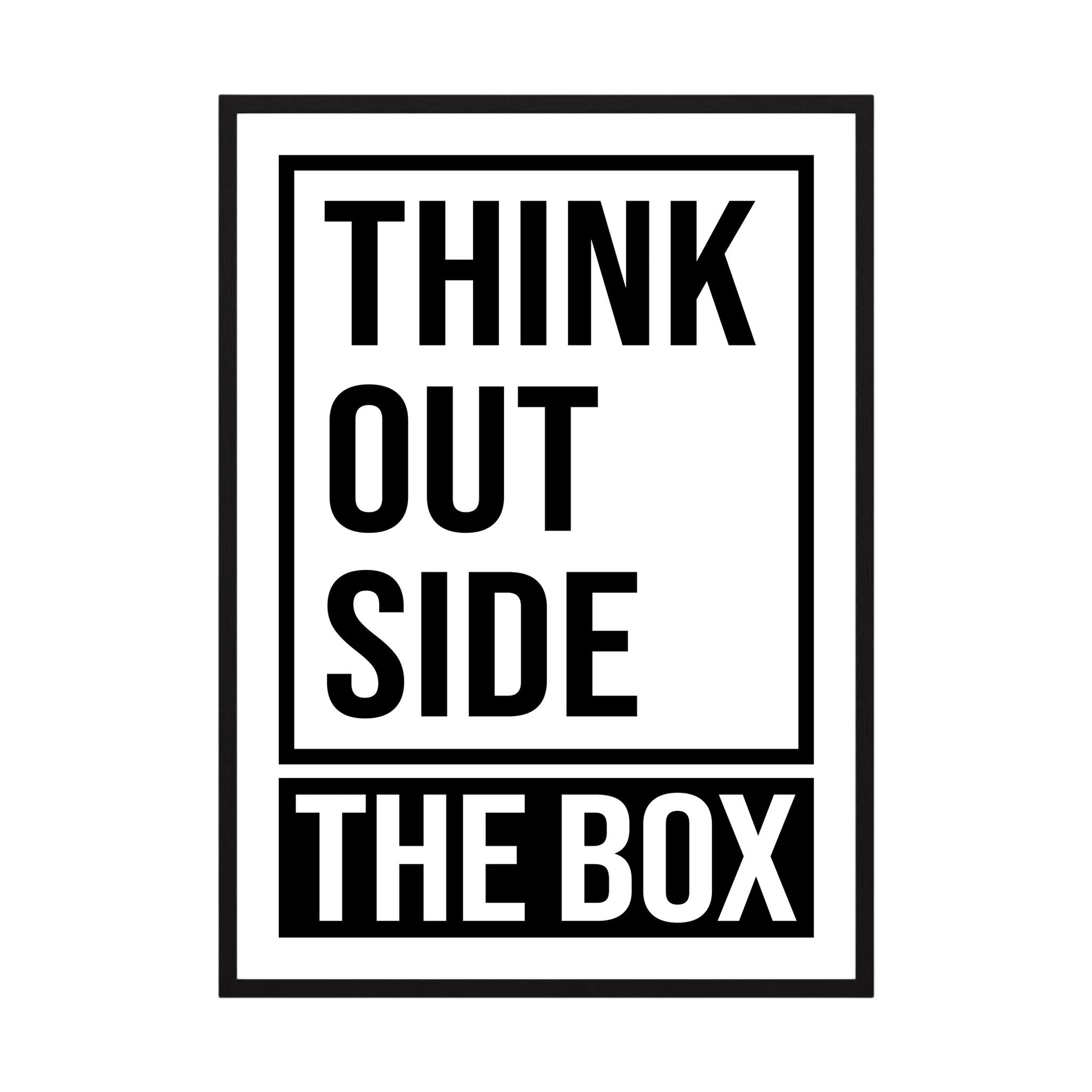 Bold black typography stacks the words think outside the box within and beyond a rectangular frame, shown in product view 4.