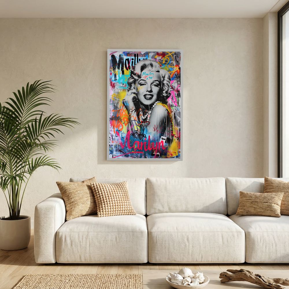 Alternative size view of colourful pop art female portrait with urban-style layers, shown in a white wooden frame.