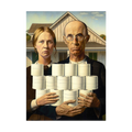 American Gothic-style couple holding stacks of toilet rolls.