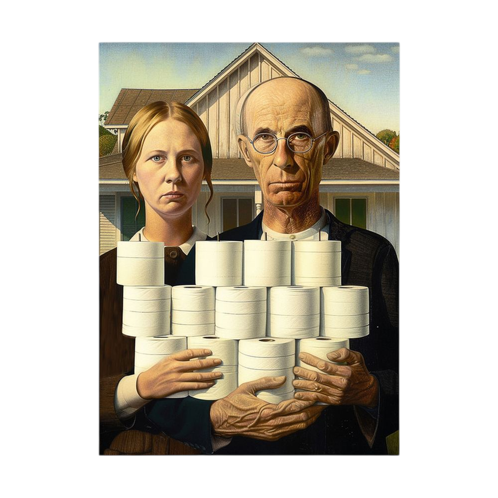 American Gothic-style couple holding stacks of toilet rolls.