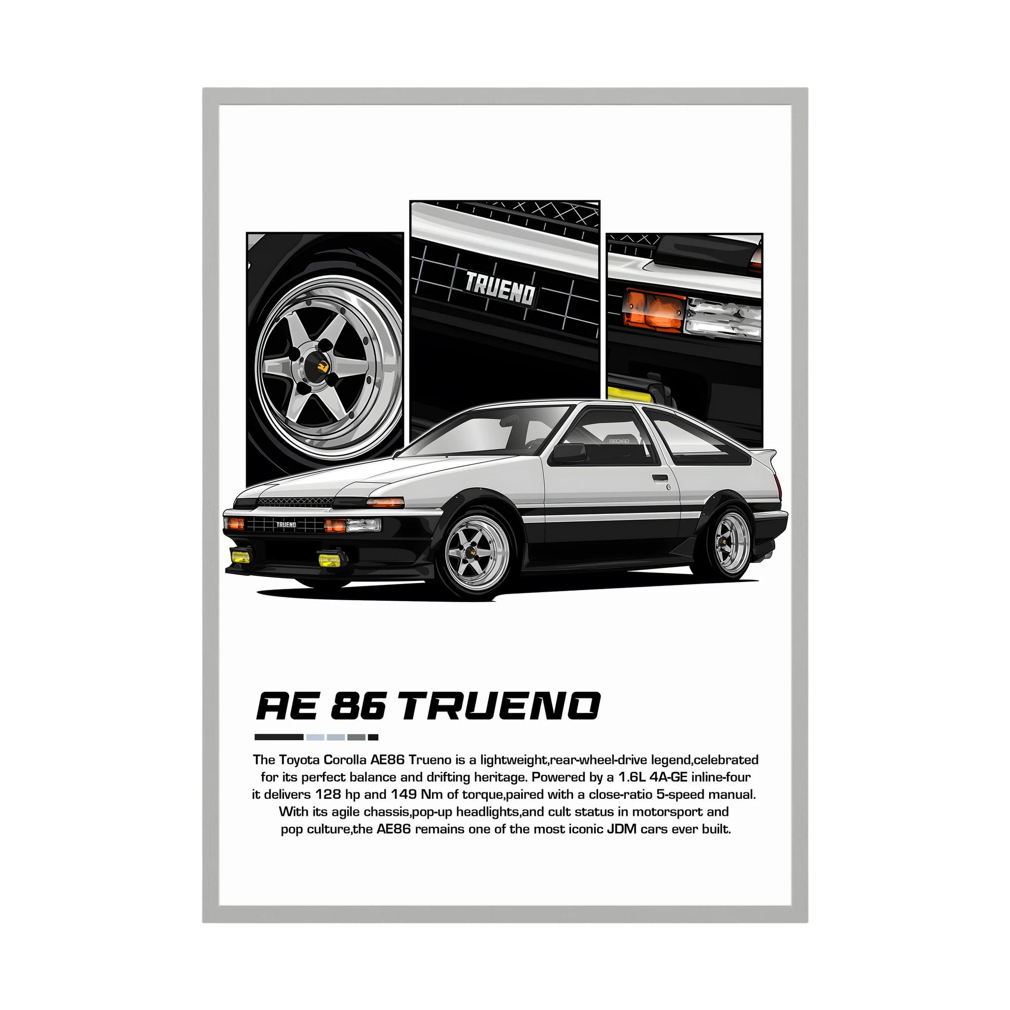 Black and white Toyota AE86 Trueno illustration with pop-up headlights and close-up panels.