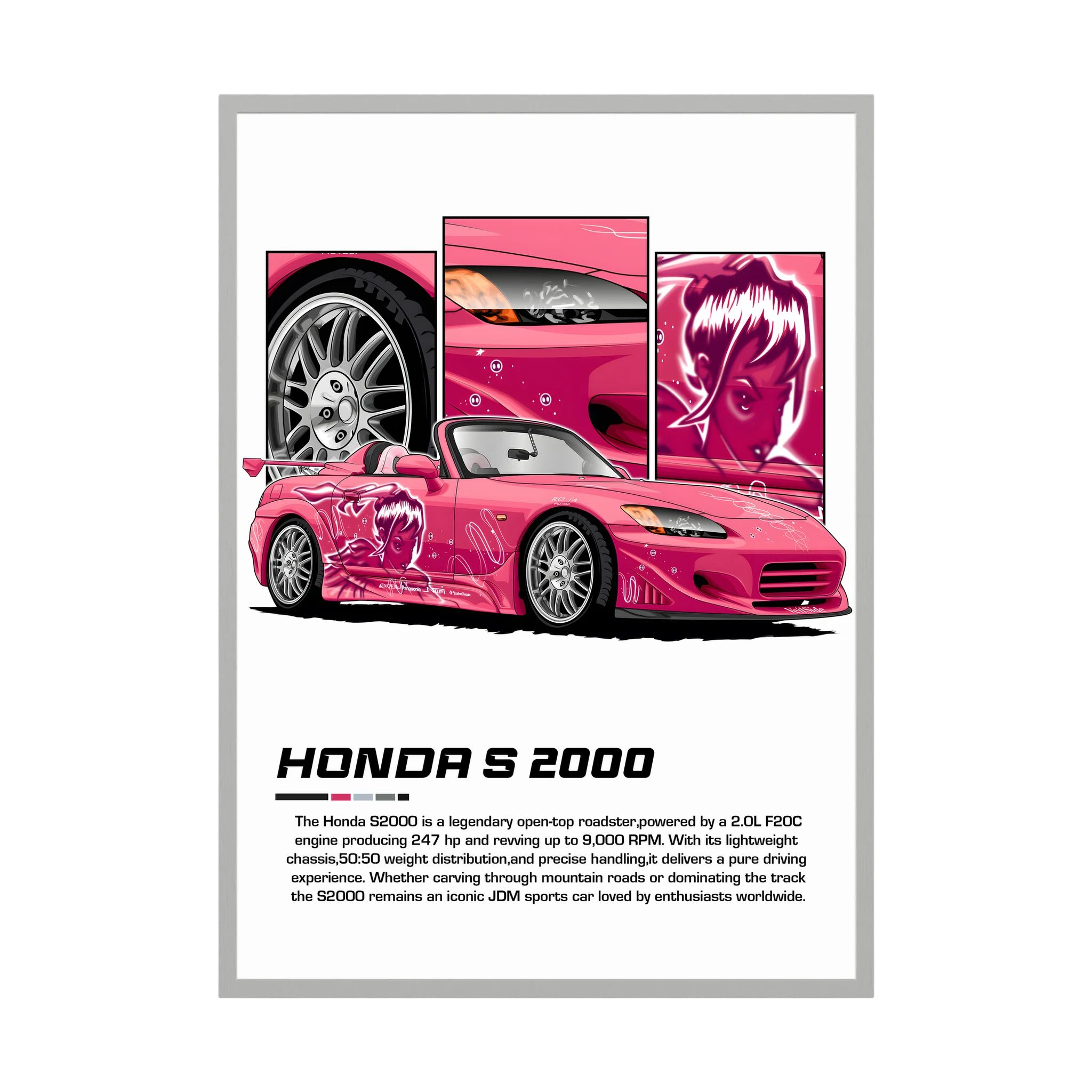 Pink Honda S2000 roadster illustration with character graphics and close-up panels.