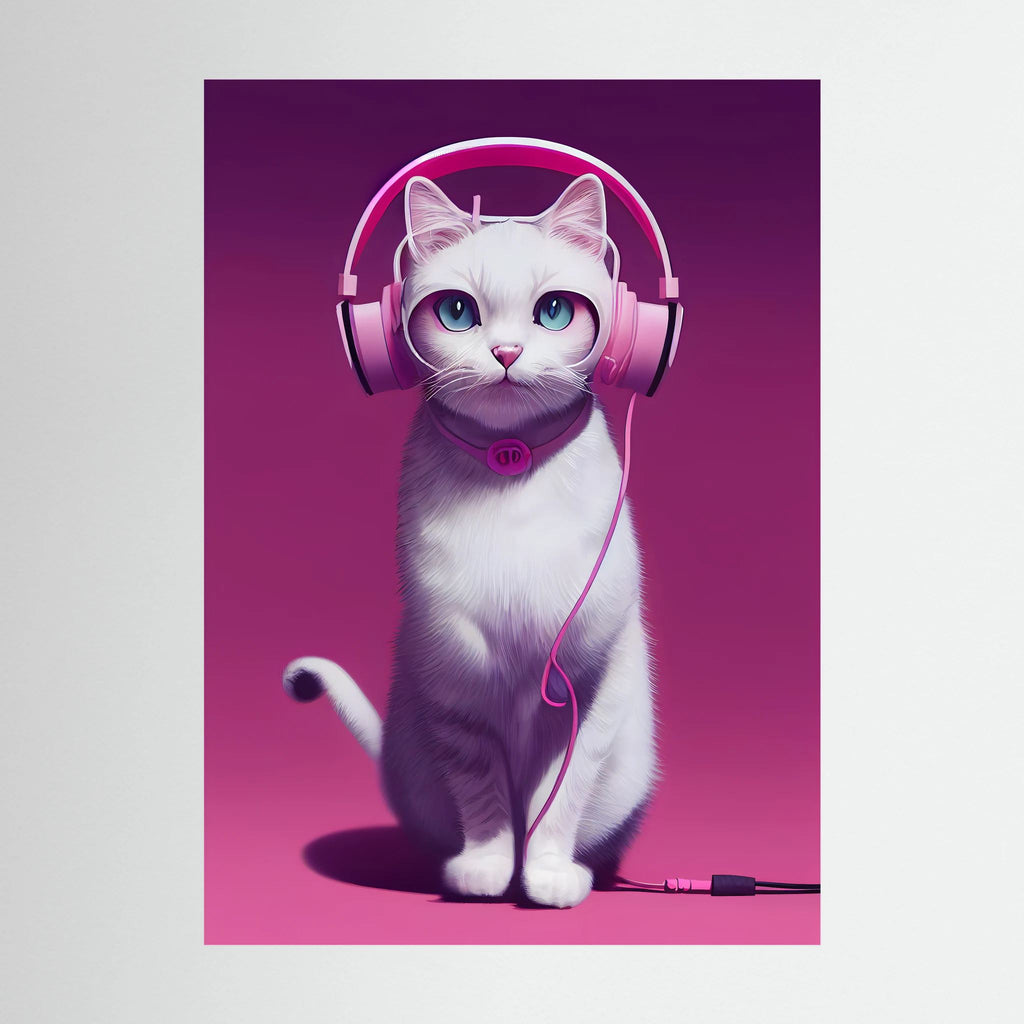 White cat wearing pink headphones against a purple background.