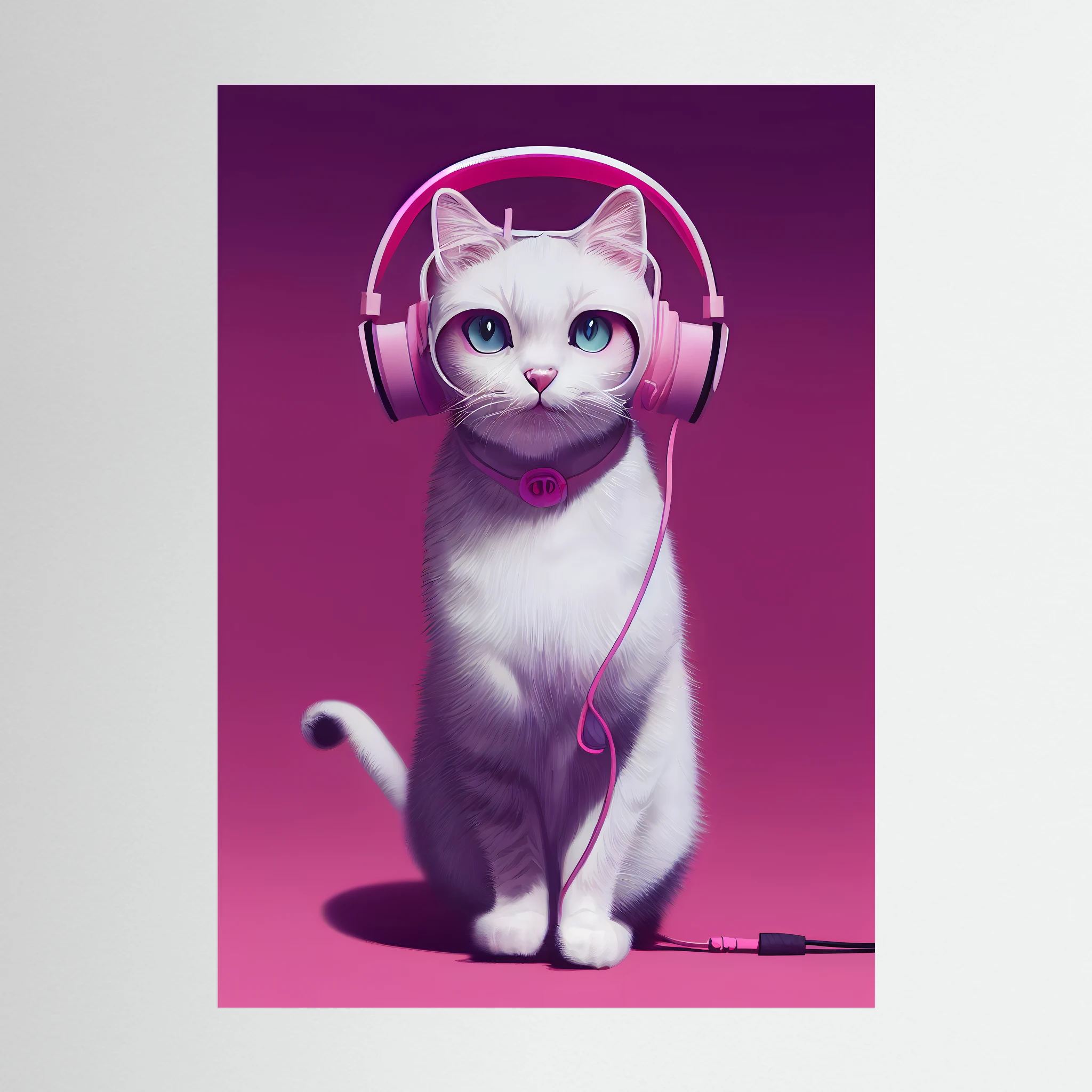 White cat wearing pink headphones against a purple background.