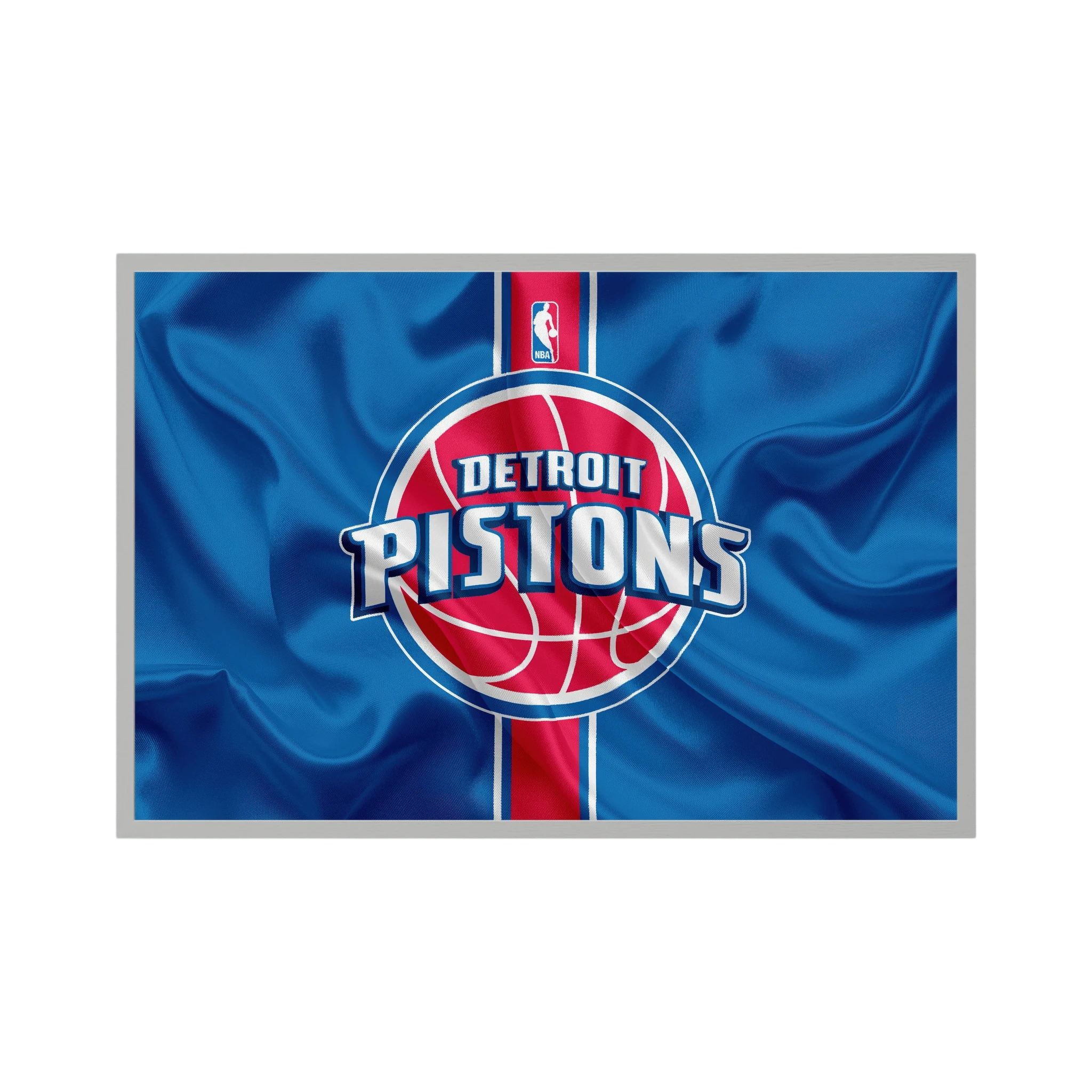 Detroit basketball team logo centred on blue fabric with a vertical red stripe.