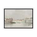 Soft neutral watercolour of Venice waterfront buildings and small boats.