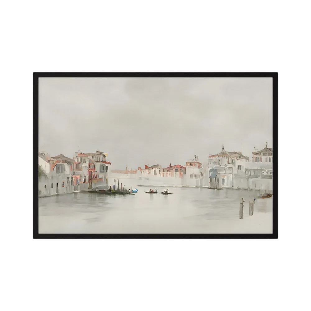 Soft neutral watercolour of Venice waterfront buildings and small boats.