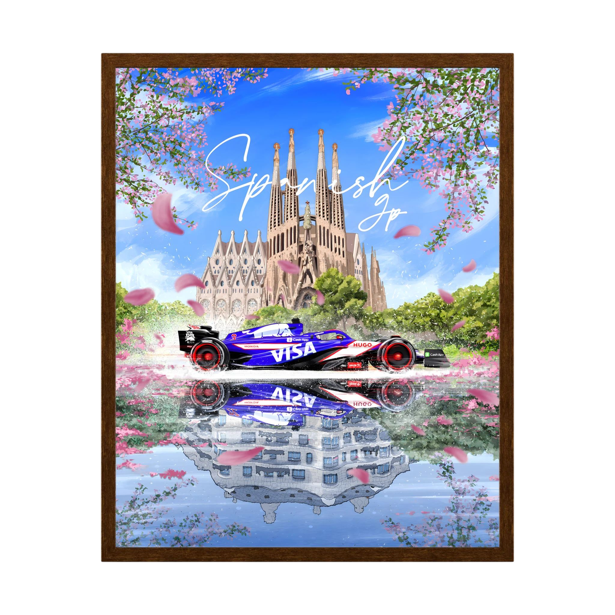 Formula One car before Barcelona's Sagrada Família with pink blossom and mirrored water.