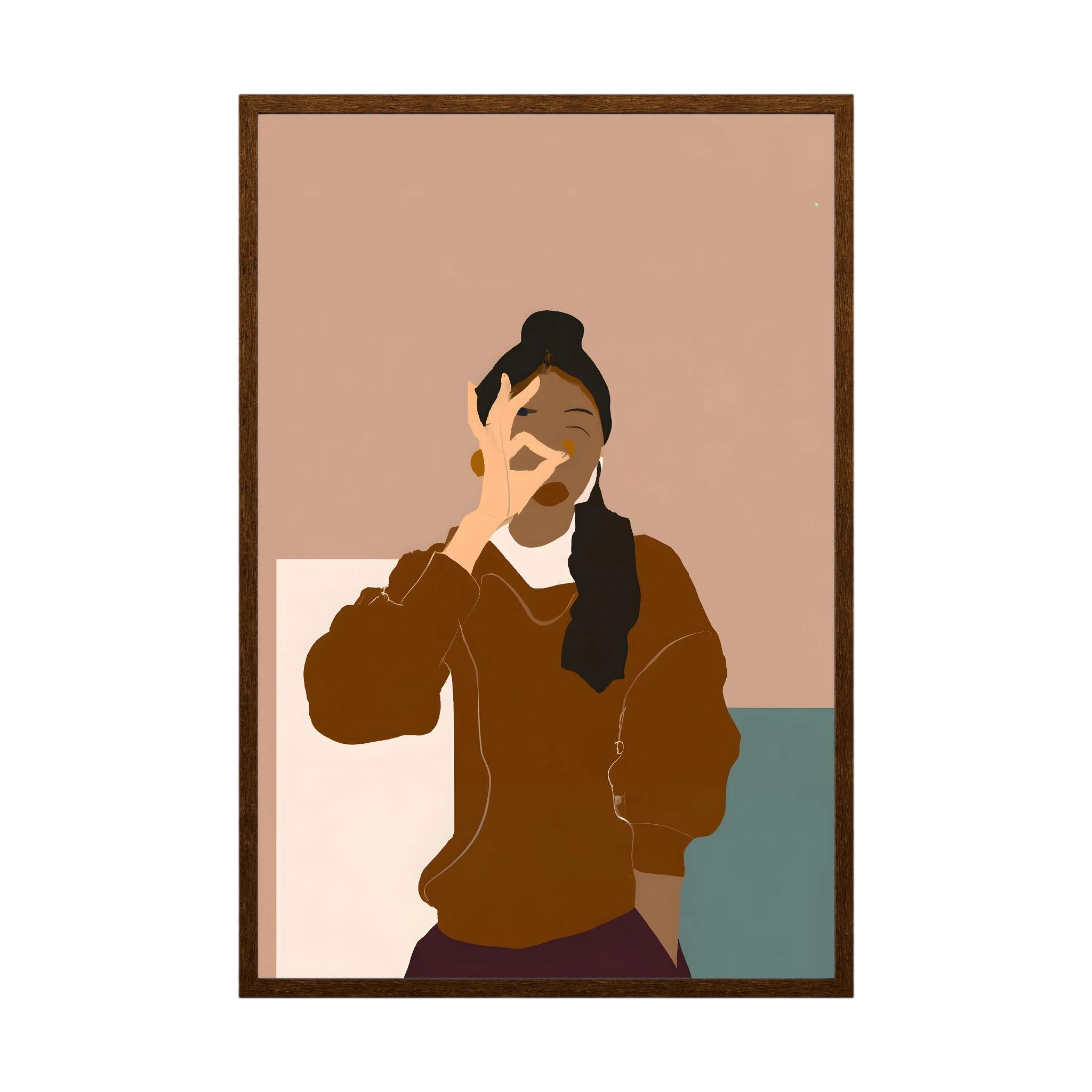 Minimalist woman in warm brown tones making an OK gesture against blush and muted teal blocks, shown in product view 4.