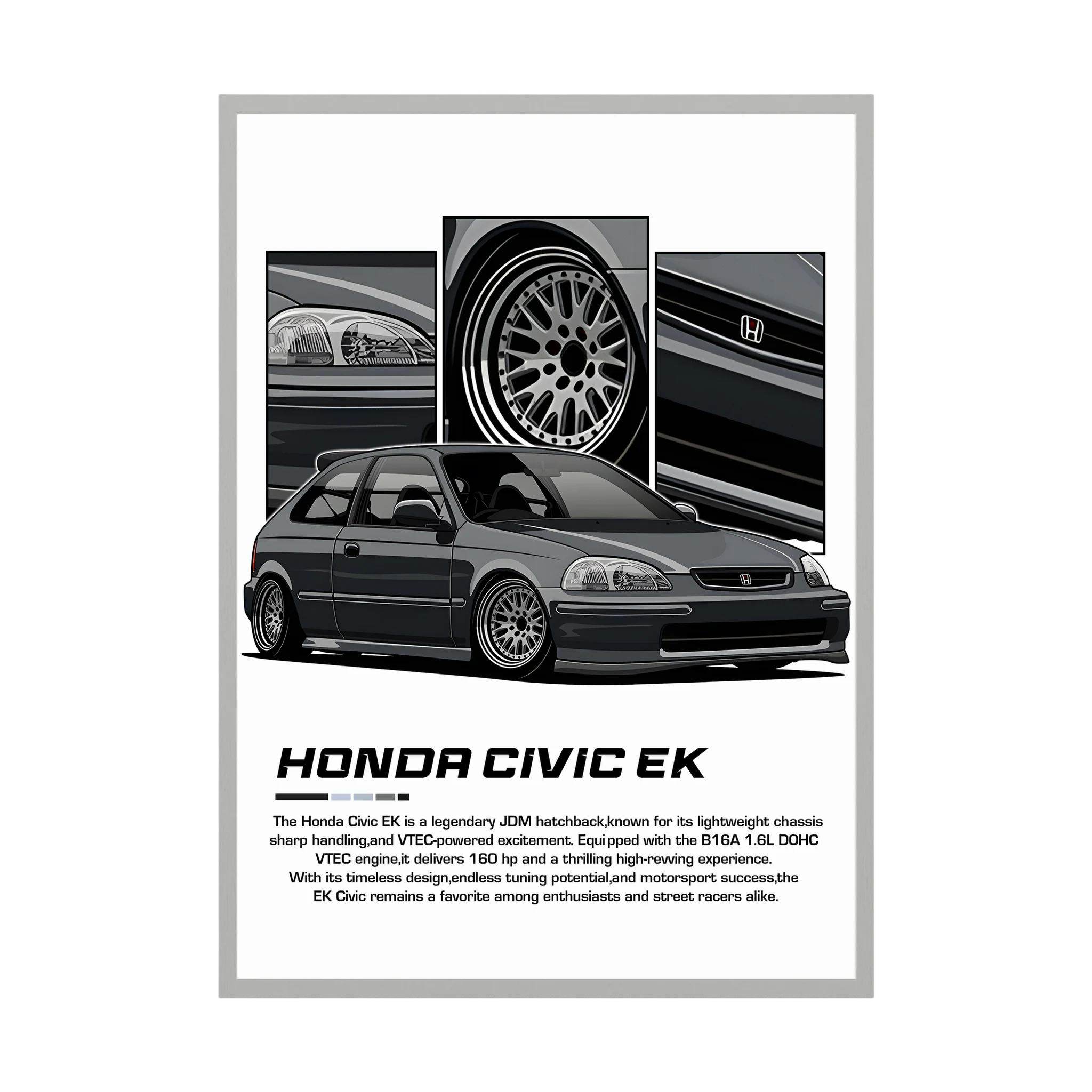 Grey Honda Civic EK illustration with close-up panels of headlights, wheel and grille.