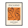 Two fluid black line figures dance across a vivid orange field within a cream museum-style poster, shown in product view 5.